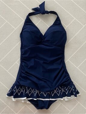Profile By GOTTEX Navy Tutti Frutti Halter Underwire Swimdress Women’s Size 12